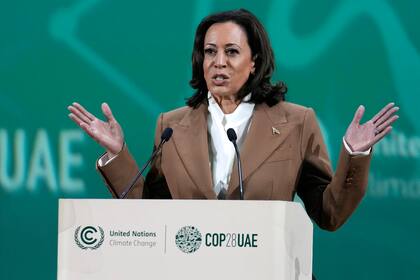 La vicepresidenta Kamala Harris ofrece un discurso durante la Cumbre Climática de la ONU COP28, el sábado 2 de diciembre de 2023, en Dubái, Emiratos Árabes Unidos.