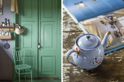 La vieja silla de hospital en verde menta inspiró el tono de la puerta doble que conduce al lavadero. La antigua tetera enlozada, otro recuerdo de la mamá de Marta.