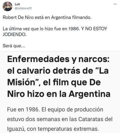 La vinculación que encontró la usuaria entre la selección argentina y Robert de Niro
Foto: captura de pantalla @lulistone12