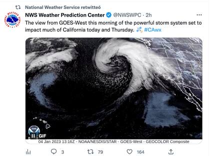 La vista desde GOES-Wes esta mañana del poderoso sistema de tormentas que impactará gran parte de California hoy y el jueves