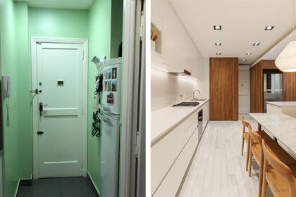 La vista inversa muestra la antigua ubicación de la heladera, ahora alojada en un volumen revestido en madera de incienso. Piso de porcelanato (Barugel), mueble bajomesada y alacenas laqueadas (todo, Estudio Primal).