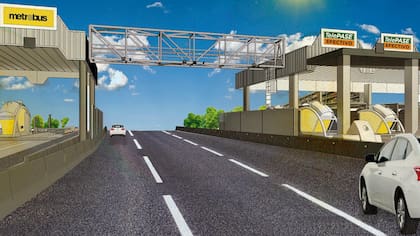 La visualización simular cómo quedará la estructura en el peaje Avellaneda de la autopista Perito Moreno, con el pórtico de lectura inteligente en el medio 