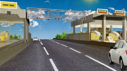 La visualización simular cómo quedará la estructura en el peaje Avellaneda de la autopista Perito Moreno, con el pórtico de lectura inteligente en el medio