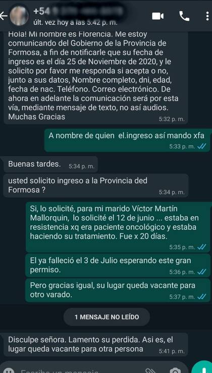La viuda de Mallorquín subió a su cuenta de Facebook el chat que tuvo con la empleada del gobierno de Formosa que le notificó que su marido ya podía regresar a la provincia