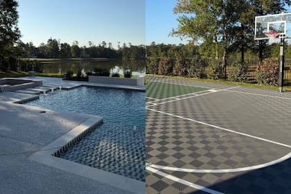 La vivienda incluye una piscina frente al lago, un trampolín empotrado y una cancha deportiva al aire libre