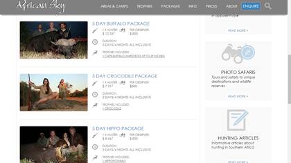 La web de African Sky ilustra sus paquetes de caza con imágenes de Victoria Vannucci y Matías Garfunkel