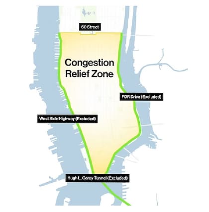 La Zona de alivio de la congestión incluye calles y avenidas locales en Manhattan al sur de la calle 60 inclusive, excluyendo FDR Drive, West Side Highway/Ruta 9A y las conexiones del túnel Hugh L. Carey a West Street