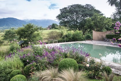 La zona de la pileta fue ubicada del otro lado de la escalera principal. Está contenida por un muro bajo de piedra. Cuenta, además, con una pérgola con unos canteros de piedra elevados, para salvar los desniveles del cerco.