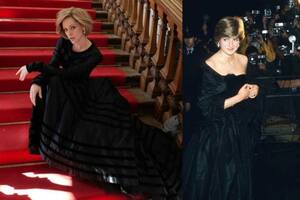 Lady Di con un vestido negro de tafeta strapless diseñado por David y Elizabeth Emanuel en 1981
