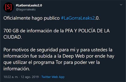 Una publicación en Twitter de @lagorraleaks en 2019, uno de los casos más sonados de una intrusión en un organismo estatal