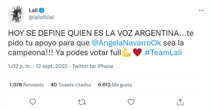Lali Espósito le pidió a sus seguidores que voten a Ángela Navarro