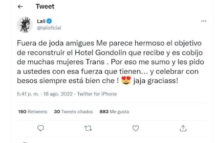 Lali Espósito se sumó a la colecta para la reconstrucción del Hotel Gondolín que comenzó Santiago Maratea