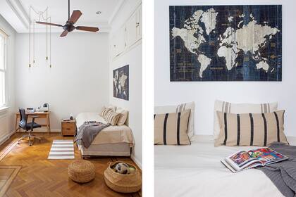 Lámina mapa (The Framing Store) y lámparas de techo (Cari Ríos Deco).