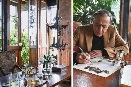 Lámpara colgante de inspiración chinoiserie, con campanas y badajos como “llamadores de buena onda”. Comedor o estudio, los ambientes son indistintos para este creador: “Me ubico según la tarea" comparte.