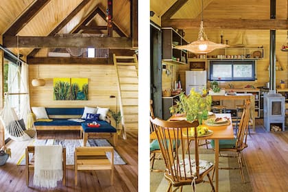 Arriba, el rincón de los nietos. Lámpara colgante de mimbre (Falabella), alfombra tejida (Elementos Argentinos) e individuales y servilletas de algodón de Petite Margot. Además, salamandra (Ñuke).