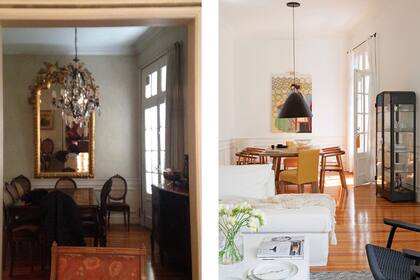 ANTES: El comedor estaba separado del living por una pared con puerta corrediza. DESPUÉS: Se conectaron los espacios e hidrolaquearon los pisos para acompañar la luminosidad general.