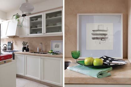 Lámpara colgante (Hermanas Caradonti). Suculentas y cactus (Pasionarias del Bajo). Cuadro de Alfonso Martínez Campo. Repasadores (Mercedes Segura).