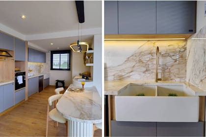 Lámpara colgante y sillas (Estudio GOD). Grifería 'Icono Chef' dorada (FV). Bacha 'Country' doble (Ferrum).