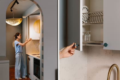 Lámpara de chapa martelé (Iluminación KOL-OR). En alacena, tiradores 'Agua' (Camila Monge). Fotos Federico Paul (Gentileza: Camila Monge)