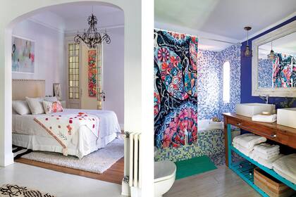 Lámpara de techo con caireles y alfombra rayada crudo y negro (Philippa Deco Boutique). Lámina enmarcada sobre la cama (Etsy).