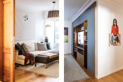 Lámpara de techo (Omniluz) y de pie (Iluminación Agüero). Sillón, banqueta y cortinas (Valeria Garat). Alfombra (Masinfinito Casa). Obra de Martín Palottini en lápiz, grafito acuarelable y acrílico sobre tela. Enfrente, mueble de petiribí (Estudio AT Arqs). En el hall, "Señora de rojo sobre fon