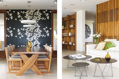 Lámparas colgantes de opalina (Alvar Iluminación). Como centro de mesa, dos peces dorados (Harturo) remiten a la simbología china. Der.: Trío de mesitas Edén’ con tapas de roble gris (Federico Churba) y florero de cristal color caramelo (Ketha).