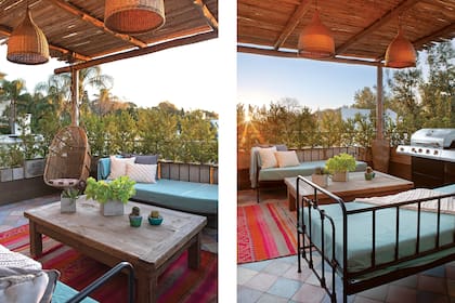 Sillones (Herrería Bruto). Parrilla a gas (Kitchen Company). Mesa ratona encontrada en la calle. Alfombra (Quiero Norte) y hamaca (Sentido).