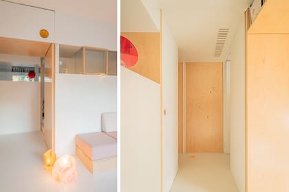 Lámparas confeccionadas con hilo (Arq. Candela Picado de Blas). Puertas que parecen tabiques: al tomar la altura total del departamento, dan mayor sensación de amplitud.