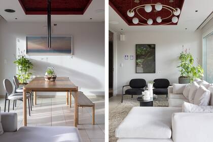 Lámparas tubulares de Rodina, que también ejecutó un diseño de Samantha Kuperschmit, la lámpara con tubos concéntricos y esferas. La idea era lograr un contraste brillante sobre la espuma proyectada. Mesa, sillas comedor y sillones negros (Yeite).