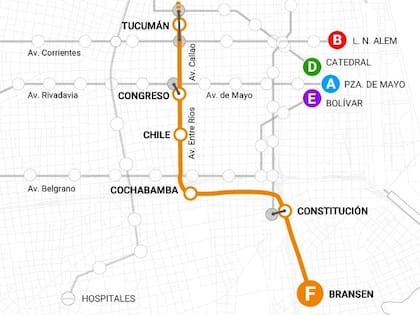 Las 11 estaciones que se prevén para la traza total de la nueva línea F de subte.