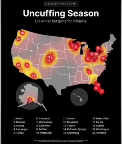 Las 20 ciudades que más cuentas tienen en Ashley Madison