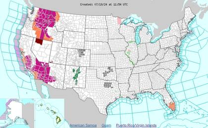 Las advertencias de calor (naranja) y alertas por calor excesivo (violeta) en EE.UU.