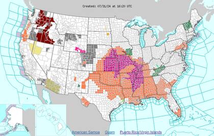 Las advertencias de calor (naranja) y alertas por calor excesivo (violeta) en EE.UU.
