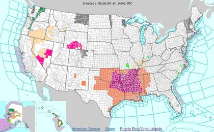 Las advertencias de calor (naranja) y alertas por calor excesivo (violeta) en EE.UU.