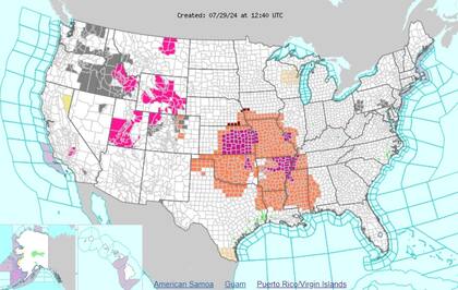 Las advertencias de calor (naranja) y alertas por calor excesivo (violeta) en EE.UU.