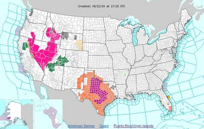 Las advertencias de calor (naranja) y alertas por calor excesivo (violeta) en EE.UU.