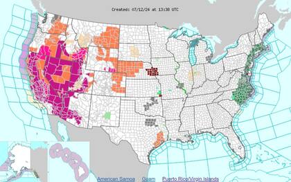 Las advertencias de calor (naranja) y alertas por calor excesivo (violeta) en EE.UU.