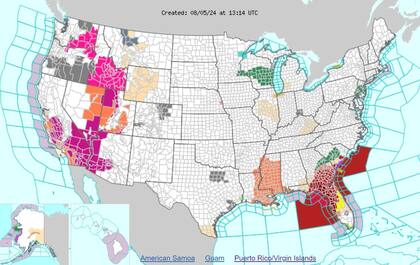 Las advertencias de calor (naranja) y alertas por calor excesivo (violeta) en EE.UU.