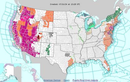 Las advertencias de calor (naranja) y alertas por calor excesivo (violeta) en EE.UU.