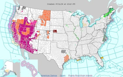 Las advertencias de calor (naranja) y alertas por calor excesivo (violeta) en EE.UU.