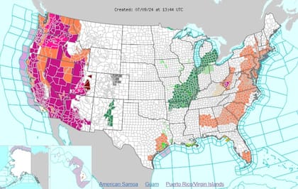 Las advertencias de calor (naranja) y alertas porr calor excesivo (violeta) en EE.UU.