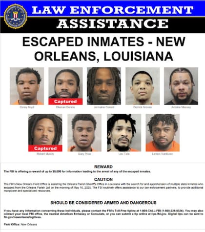 Las agencias policiales estatales y federales buscan a los siete restantes de los diez prófugos que escaparon del Centro de Justicia de Orleans