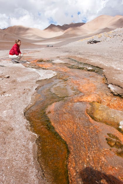 Las aguas termales sulfurosas dan cuenta de la actividad del volcán Galán, en Catamarca