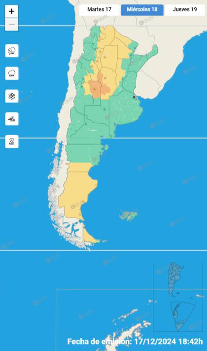 Las alertas amarillas y naranjas que rigen para el miércoles 18 de diciembre