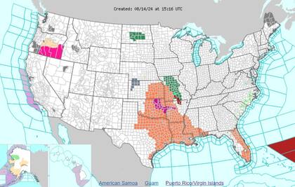 Las alertas de calor excesivo (violeta) y advertencias por calor (naranja) en EE.UU.