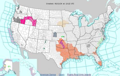 Las alertas de calor excesivo (violeta) y advertencias de calor (naranja) en EE.UU.