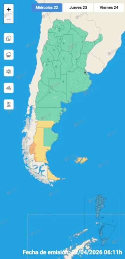 Las alertas emitidas por el SMN para este miércoles 22 de abril
