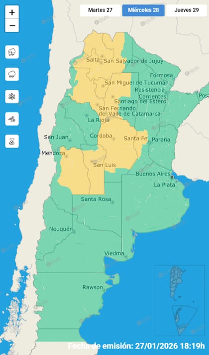 Las alertas emitidas por el SMN para este miércoles 28 de enero