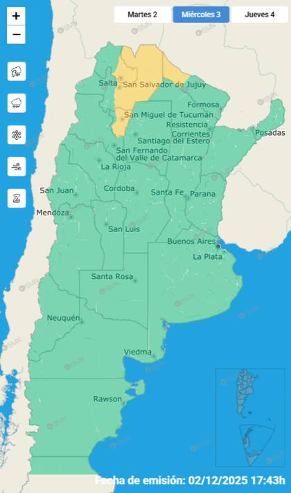Las alertas emitidas por el SMN para este miércoles 3 de diciembre