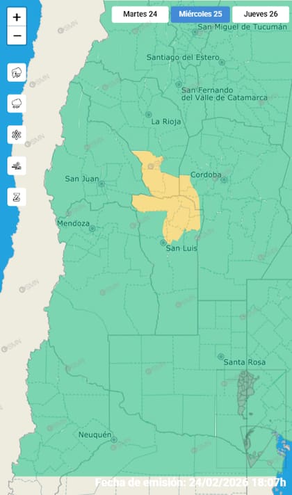 Las alertas emitidas por el SMN para este miércoles 25 de febrero